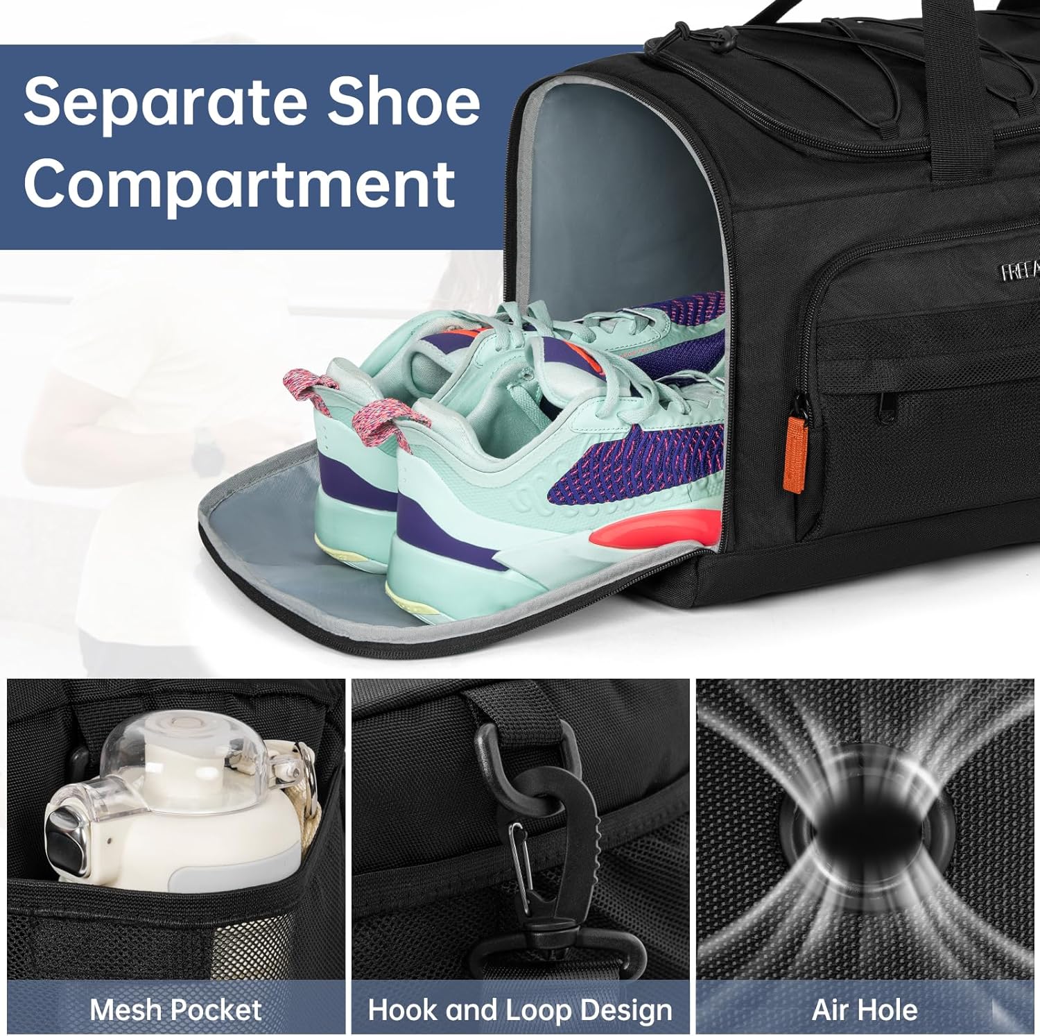 Gym Bag for Men Women, Water-resistant Sports Duffle Backpack, Travel Duffle Bag with Shoe Laptop Compartment, Weekender Overnight Carry On Backpack for Gym Travel (Black)