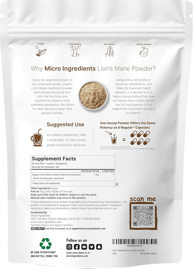 Micro Ingredients Organic Lion’s Mane Mushroom Powder, 8oz | Pure Fruiting Body Superfood | Supports Brain, Focus, Energy & Immune Health | Great for Smoothies & Coffee | Filler Free, Vegan, Non-GMO