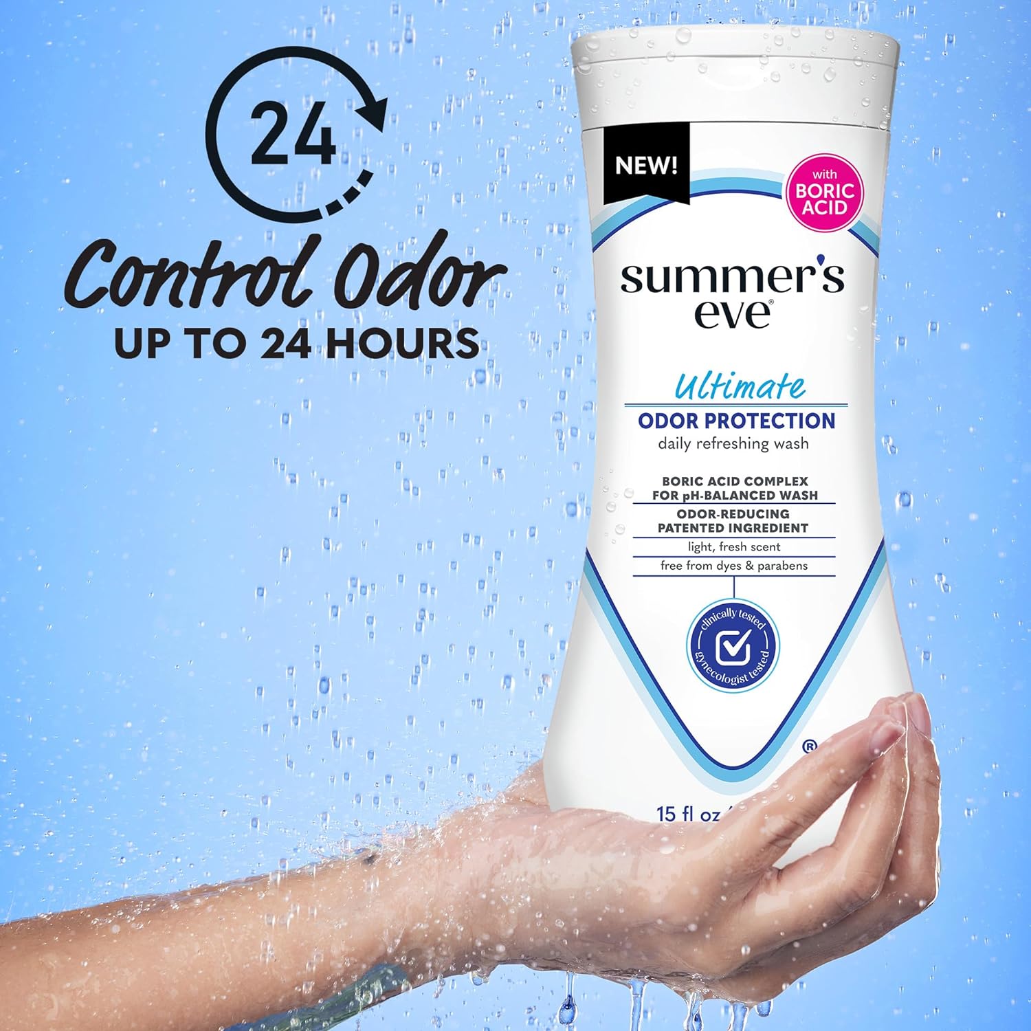 Summer's Eve, Ultimate Odor Control, Feminine Body Wash with Boric Acid, Removes Odor, Feminine Wash with pH Balance, 15 Fl Oz