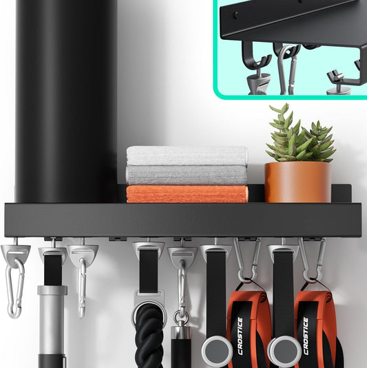 Metal Shelf Compatible with Tonal Accessories, Floating Shelf Organizer for Home Gym Storage, T-Lock Adapters Bracket Hanger, Gym Rack Wall Mounted with Hooks, Black Workout Holder