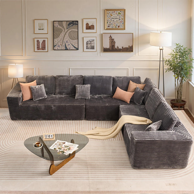 114" Boneless Couches for Living Room, Brown Faux Leather Cloud Sectional Couches with Chaise, Deep Seat L Shaped Modular Sofa, No Assembly Required Sofas in a Box (Right,Faux Leather,Brown)