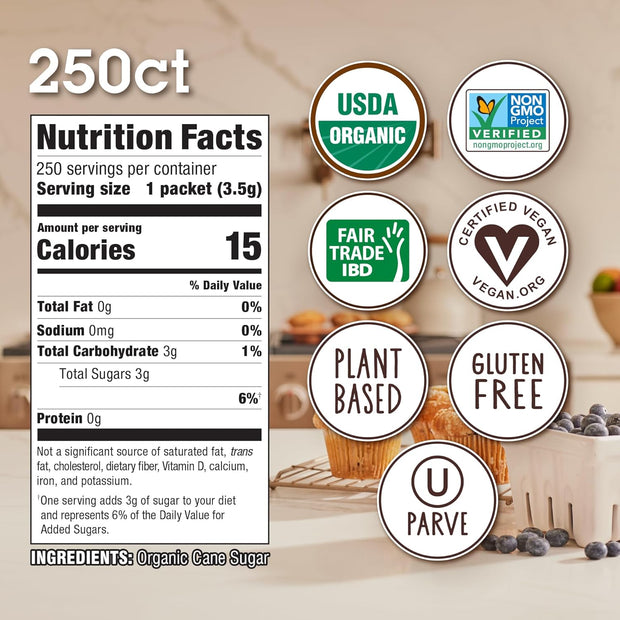 Sugar In The Raw Organic Granulated White Premium Cane Sugar, No Added Flavors or erythritol, Pure Natural Sweetener, Hot & Cold Drinks, Coffee, Tea Vegan, Gluten-Free, Non-GMO, Bulk Sugar, 250 ct packets (1-Pack)