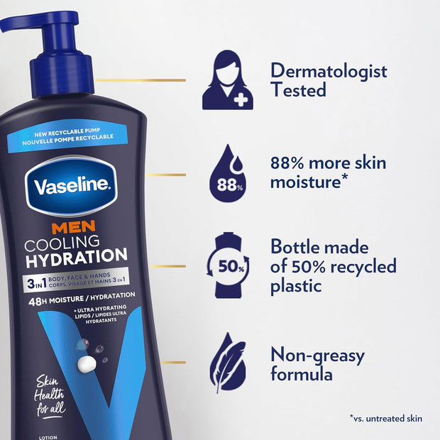 Vaseline Men Cooling Hydration 3-in-1 4 Pack for Dry Skin Face, Hands & Body Lotion for Men with Menthol & Ultra-Hydrating Lipids 20.3 oz
