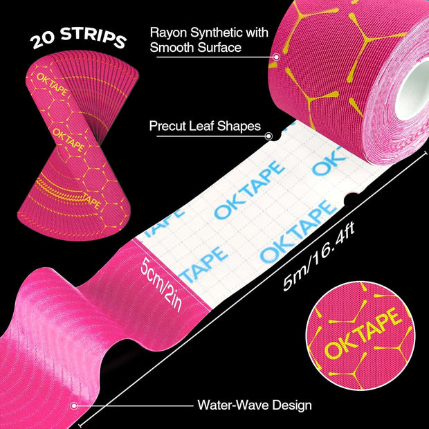 OK TAPE Synthetic Kinesiology Tape Precut Strips, Waterproof Kinesiology Athletic Tape for Joint & Muscle Support, Reflective and Durable Tape, 2in×16.4ft Roll 20PCS | Beige