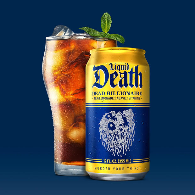 Liquid Death, Dead Billionaire Iced Tea, 12-Pack (12 oz Cans), Half Lemonade Half Black Tea, Low Calorie, No Artificial Sweeteners, B12 & B6 Vitamins