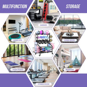 WUC Dumbbell Rack, Adjustable Weight Rack for Home Gym Storage for Dumbbells Kettlebells Yoga Mat & Balls, All in One Workout Equipment Storage Rack with Wheels, Powder Coated Steel, Black