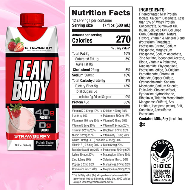 Labrada Lean Body Ready-to-Drink Strawberry Protein Shake, 40g Protein, Whey Blend, 0 Sugar, Gluten Free, 22 Vitamins & Minerals, 17 Ounce (Recyclable Carton & Lid - Pack of 12) LABRADA