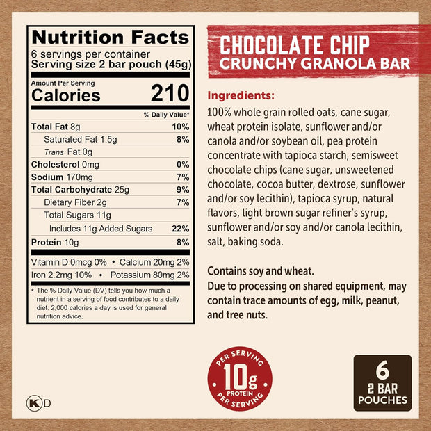 Kodiak Cakes Protein Crunchy Granola Bar, Chocolate Chip, (Pack of 12 Boxes)