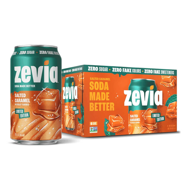 Zevia Zero Sugar Soda, Salted Caramel, 12 oz Cans (6-Pack) – Caffeine Free, Naturally Sweetened, No Calorie Soda - Non-GMO Project Verified, Gluten-Free, Vegan