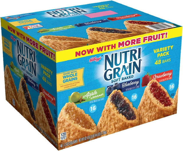 Kellogg's Nutri-Grain Variety Pack Soft Baked Breakfast Bars - Grab-N-Go Snacks, Apple Cinnamon, Blueberry, and Strawberry (48 Count)