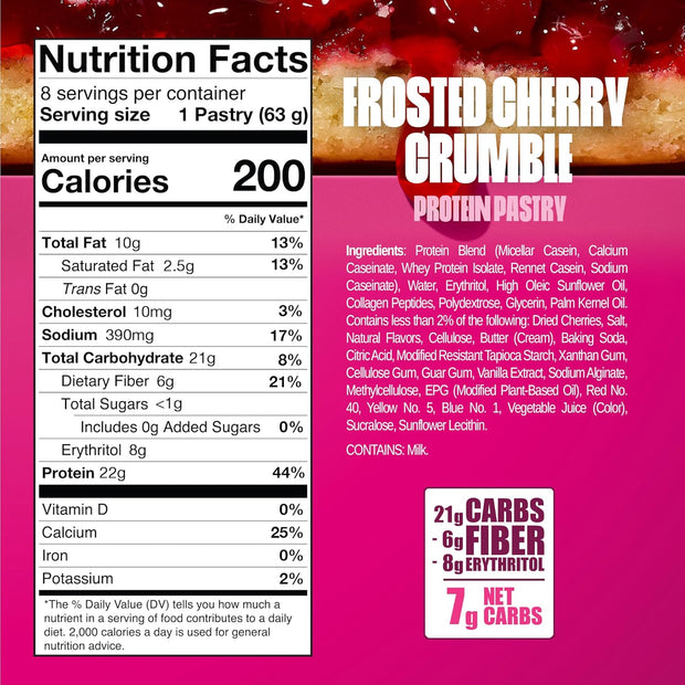 Legendary Foods 22g Protein Pastry - 0g Added Sugar, Low Carb and Gluten Free Keto Snack, Diabetic Friendly High Nutrient Alternative – 8x Cherry Crumble Bars