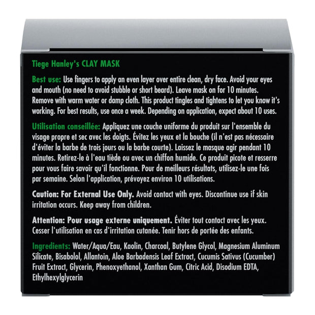 Tiege Hanley Mens Detoxifying Facial Clay Mask, 2 Oz (1-Pack) - Deep Pore Cleansing Charcoal Face Mask with Natural Kaolin Clay Absorbs Excess Oil & Reduces Appearance Pores - Skin Care for Men