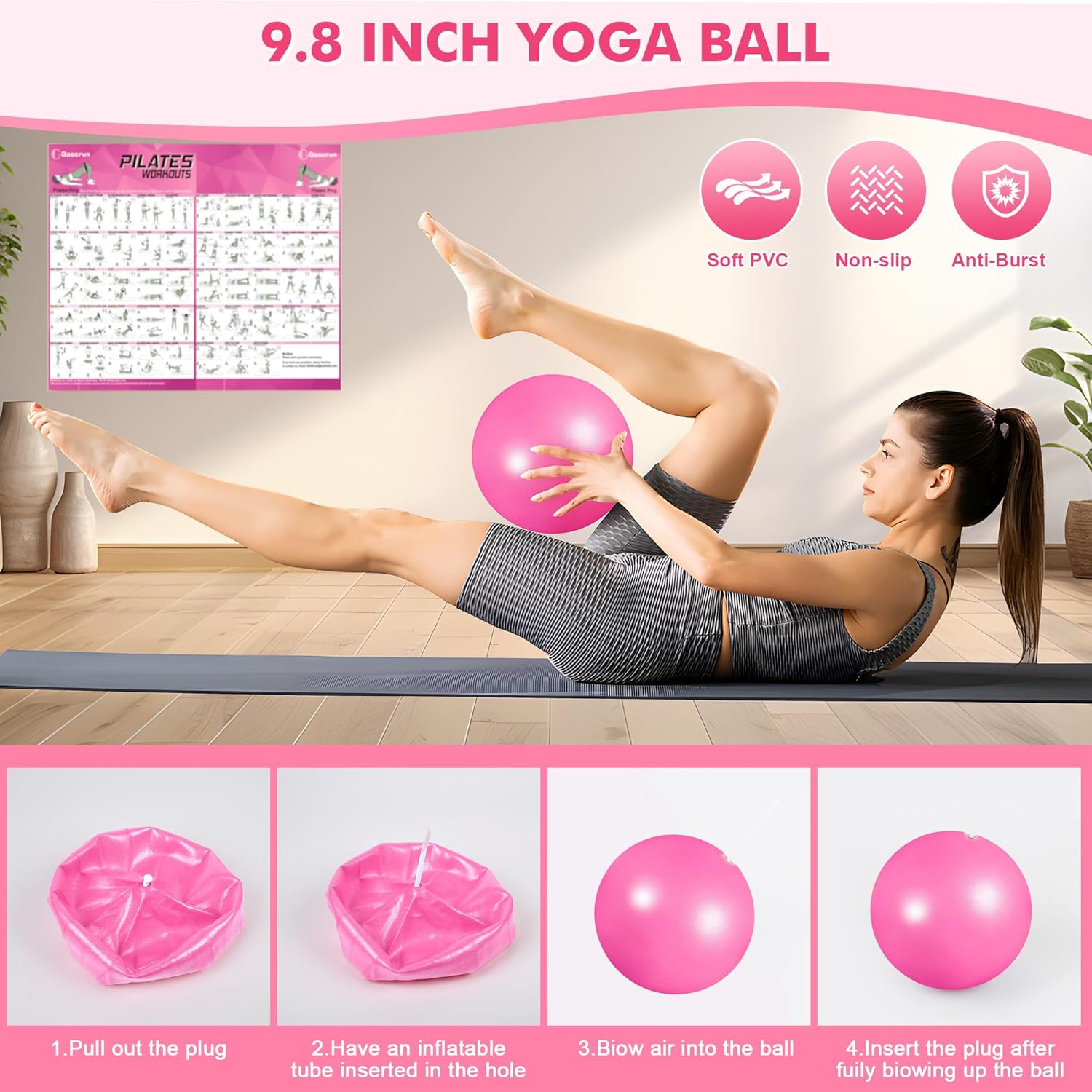 Pilates Ring Set Exercise Equipment with Exercise Bands Resistance Bands Set, Pilates Ball, Sliding Disks – Workout Equipment Home Gym Includes Complete Fitness Poster