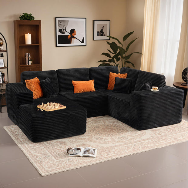 114" Boneless Couches for Living Room, Brown Faux Leather Cloud Sectional Couches with Chaise, Deep Seat L Shaped Modular Sofa, No Assembly Required Sofas in a Box (Right,Faux Leather,Brown)