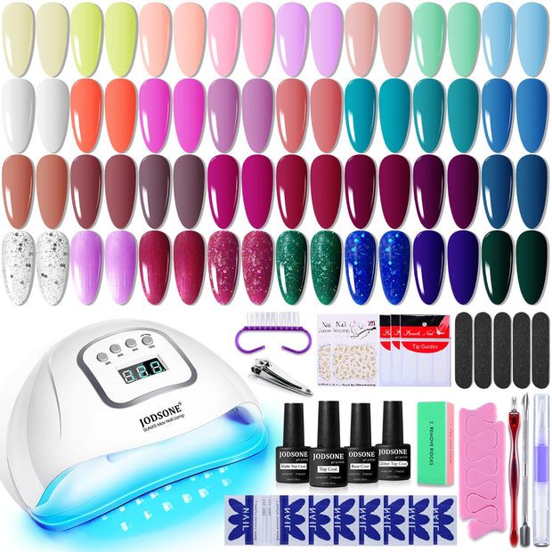JODSONE Gel Nail Polish Kit with U V Light 32 Colors Gel Polish Nail + 4 Functional Adhesive Bottles Kit Soak Off Manicure Tools Gifts for Women