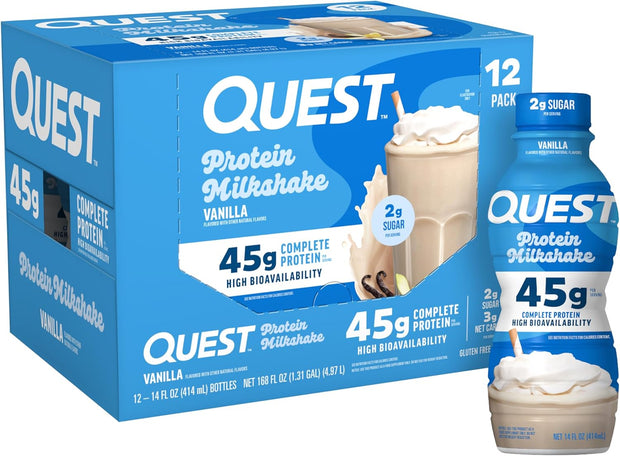 Quest Nutrition Vanilla Protein Shake, 45g Protein, 2g Sugar, 3g Net Carbs, Ready to Drink, Gluten Free, 12 Count