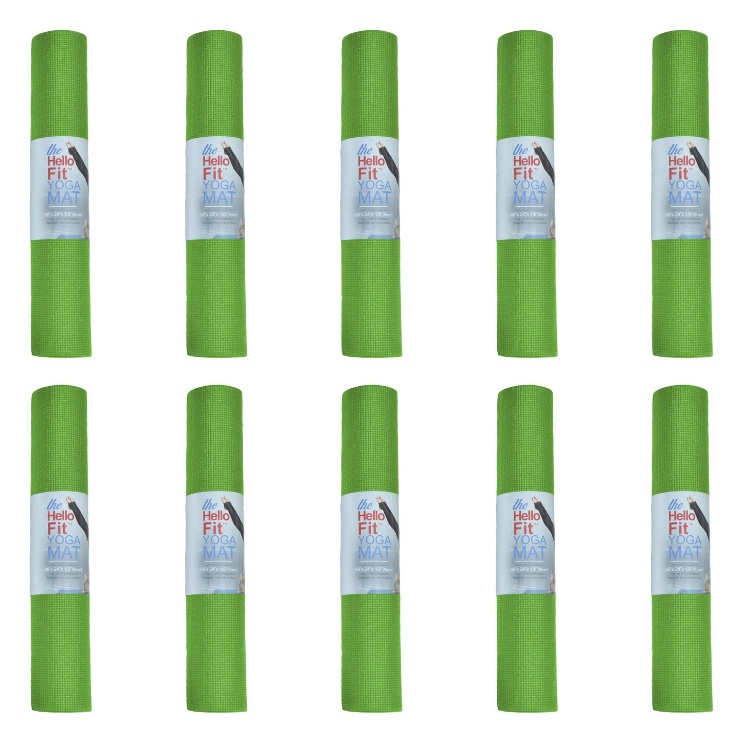 Hello Fit 10-Pack Yoga Mat, 68" x 24" Non Slip Exercise Mat, 4mm Thick Gym Mat for Fitness and Stretching, Bulk Non Toxic Yoga Mats for Schools and Studios