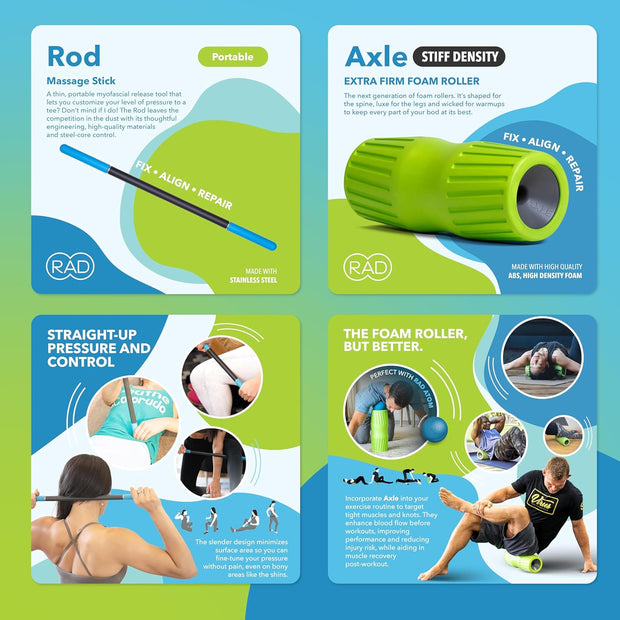 RAD All-in Kit – Foam Roller Set for Whole Body Massage & Myofascial Release – 7-in-1 Kit with Roller Stick, Yoga Block, Massage Balls – Muscle Recovery Tools for Mobility & Flexibility