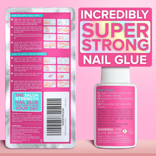 Super Strong Nail Glue for Press On Nails, Nail Tips & Acrylic Nails (8ml) NYK1 NailBond Brush On Glue for Press Ons, Tips & Acrylics - Long Lasting, Maximum Strength, Mess-Free Application