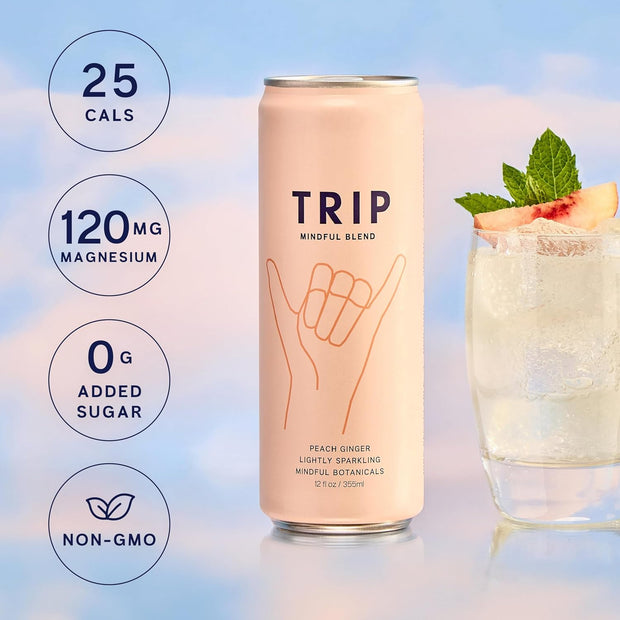 Trip Mindful Blend, Lightly Sparkling Adaptogen Seltzer, Mocktail w/ 120mg Magnesium Citrate with Ashwagandha, Lions Mane & L Theanine, No Added Sugar, Vegan, Peach Ginger, 12 Oz, 12Pk