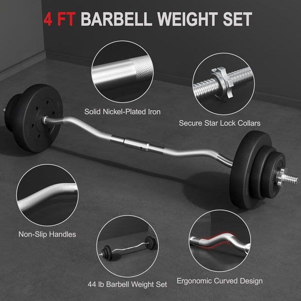 Yaheetech Barbell Set - Olympic Curl Bar & Weights (66LB, 55LB, 44LB) with Chrome Finish & Black Color