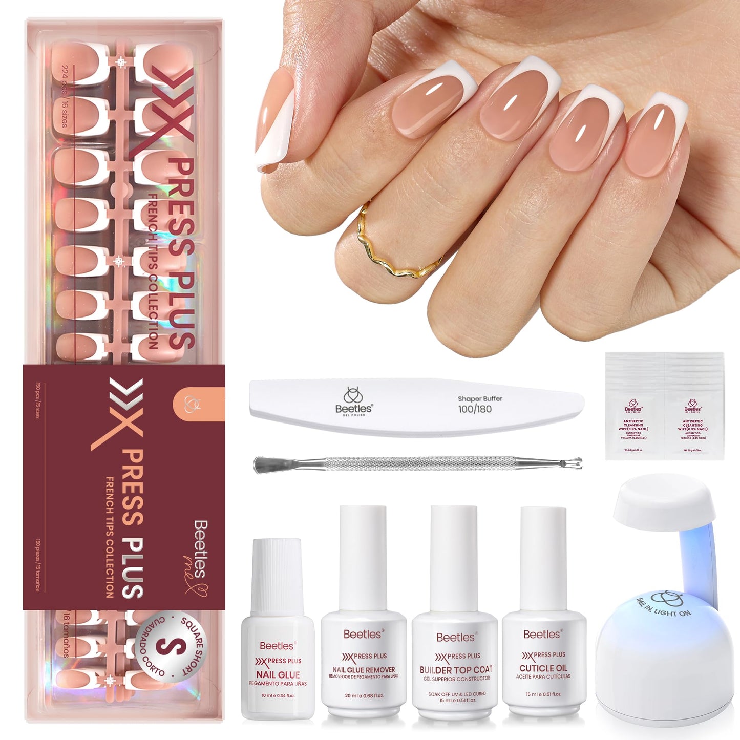 Beetles X Press Gel Nail Kit: Long Square French Tip Press On Nails Kit With 224Pcs Nail Tips Nail Glue & Builder Top Coat Mini UV Light, All-in-One DIY Designs Gift For Women At Home 16 Size