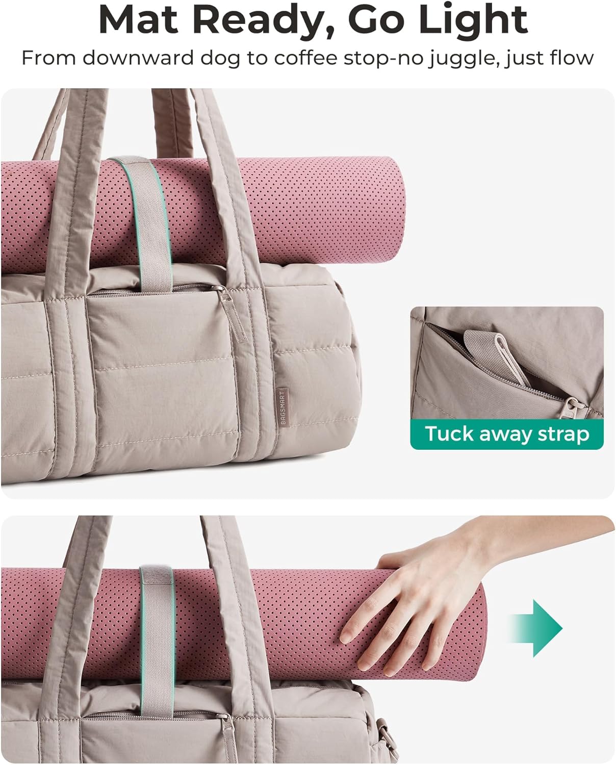 BAGSMART Reiki Gym Bag for Women, Yoga Mat Duffle Bag with Wet & Dry Pocket, Quilted Sports Bag for Weekend/Swimming, Sand Brown