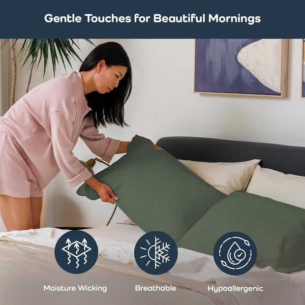 Olive + Crate Tencel Eucalyptus Pillowcases - 100% Tencel Lyocell Cooling Pillow Cases for Hot Sleepers - Hypoallergenic, Moisture-Wicking, Silk Alternative, Vegan - King Size Set of 2 [Moss]