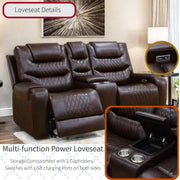 Living Room Furniture Set, Power Reclining Sofa Set, Air Leather Recliners with Built-in USB Ports and Storage Console, LED Reclining Couch Set for Living Room (Wine, Sofa Loveseat Chair)