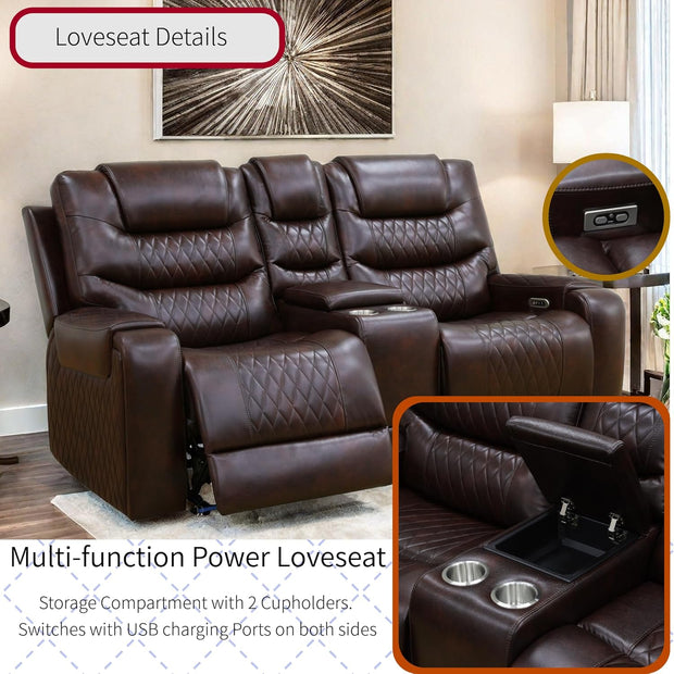 Living Room Furniture Set, Power Reclining Sofa Set, Air Leather Recliners with Built-in USB Ports and Storage Console, LED Reclining Couch Set for Living Room (Wine, Sofa Loveseat Chair)