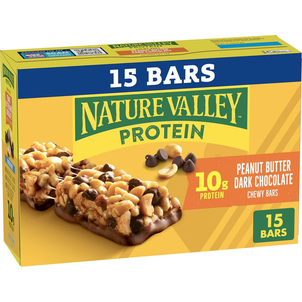 Nature Valley Breakfast Bars, Protein Granola Bars, Peanut Butter Dark Chocolate, Chewy, Gluten-Free, Individually Wrapped, On-the-Go, No Artificial Flavors or High Fructose Corn Syrup, 15-Count Box