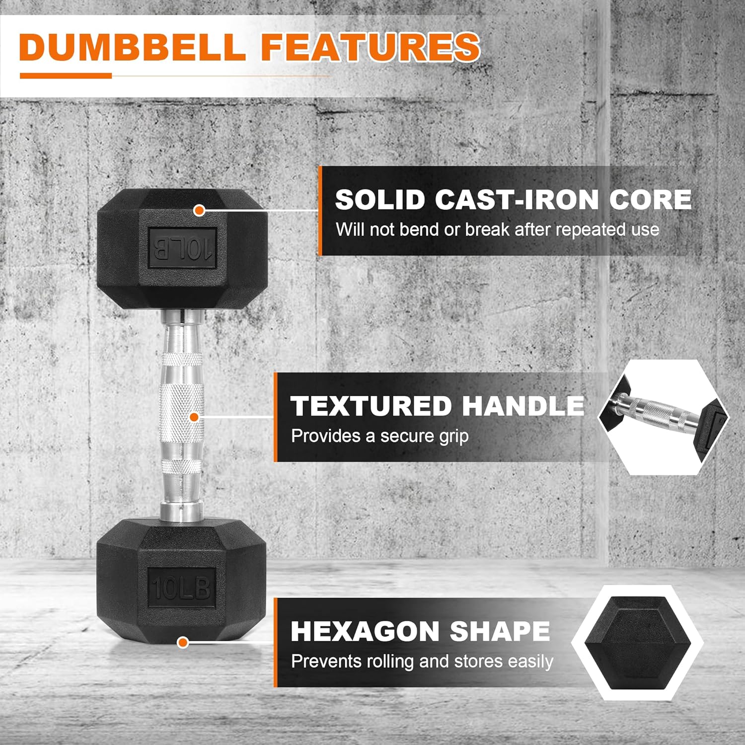 Rubber Encased Hex Dumbbell Set, Hand Weights with Anti-Slip Cast Iron Grip for Exercise & Fitness, Weights Dumbbells for Men Women Strength Full Body Workout, 60LB, 100LB, 150LB Set Options
