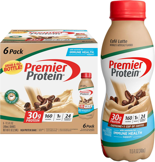 Premier Protein Shake, Café Latte, 30g Protein 1g Sugar 24 Vitamins Minerals Nutrients to Support Immune Health, 11.5 fl oz (Pack of 6)