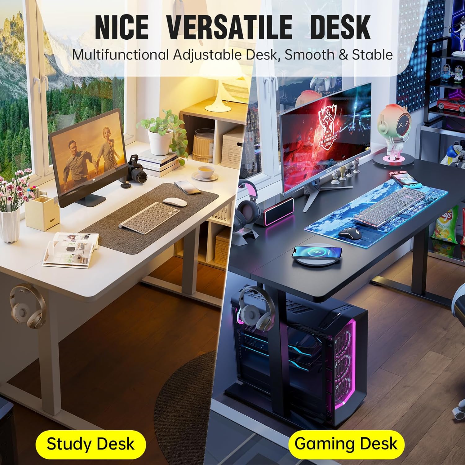 Veken 55 Inch Large Electric Standing Desk, 4 Memory Heights Adjustable,Sit to Stand Up, Work Home Office Computer Table for Study, Walking Pad, Writing, and Games, Wooden Desktop Desks, White