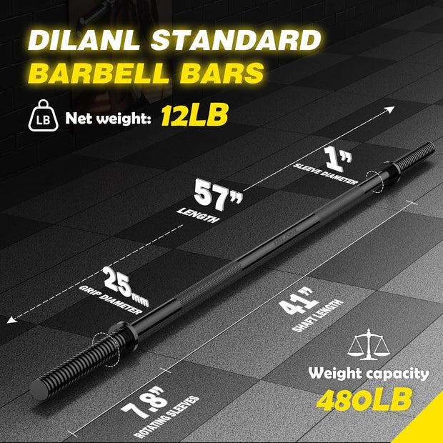 Weight Lifting Bar 57", 1" Standard Straight Barbell Bars Olympic for Home Gym Weight lifting/Strength Training/Squat/Bench Press/Deadlift/Lunges/Hip Thrusts, 2 Star Collars (480lb Weight Capacity)