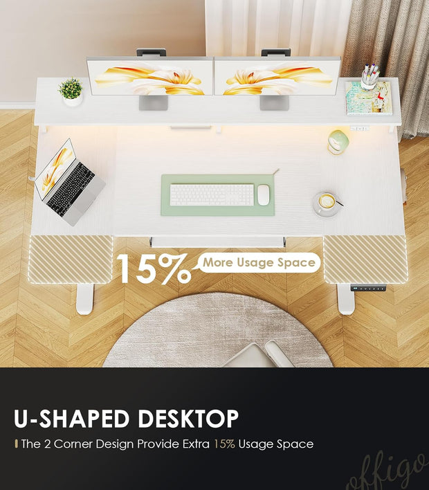 U Shaped Electric Standing Desk with Keyboard Tray, 55 Inch Height Adjustable Desk with Power Outlets & LED Lights, Sit Stand Table with Monitor Stand for Home, Office, White