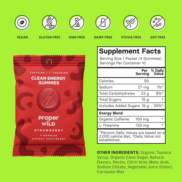Proper Wild Vegan Energy Gummies with L-Theanine & Organic Caffeine, Clean Energy & Focus, Plant-Based, Gluten-Free, Non-GMO, Dairy-Free, Stevia-Free, Soy-Free, Strawberry (10-Pack)