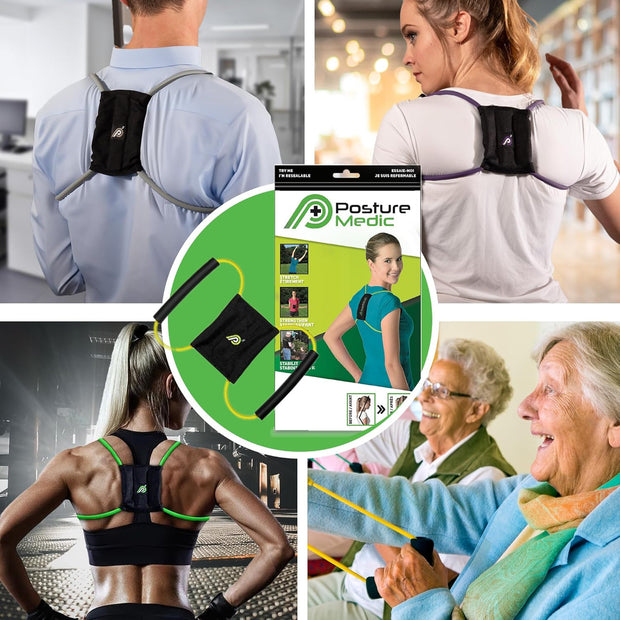 PRIMEKINETIX PostureMedic Dynamic Posture Brace for Neck and Back Support -For Enhanced Shoulder Alignment, Posture Improvement & Stretching- M(Blue)