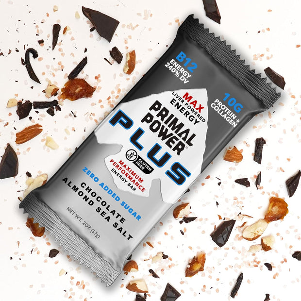 Primal Power Plus Liver Powered Nutrition Bars - B12 Energy Boost, 10g Protein, Vitamins, Minerals, Collagen, Zero Added Sugar, Gluten Free - Pack of 12 (Chocolate Almond Sea Salt Flavor)