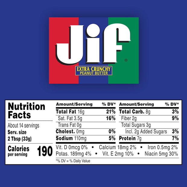 Jif Extra Crunchy Peanut Butter, 40 Ounces, 7g (7% DV) of Protein per Serving, Packed with Peanuts for Extra Crunch, No Stir Peanut Butter