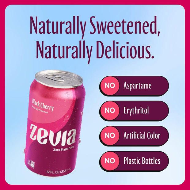 Zevia Zero Sugar Soda, Black Cherry, 12 Ounce Cans (Pack of 12)