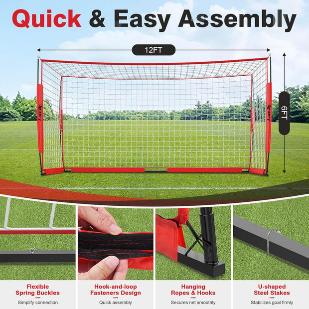 Portable Soccer Goal, Detachable 12x6 FT Soccer Goals Net for Backyard, Quick Setup Training Equipment with 1 Carry Bag, 1 Football, 12 Training Cones