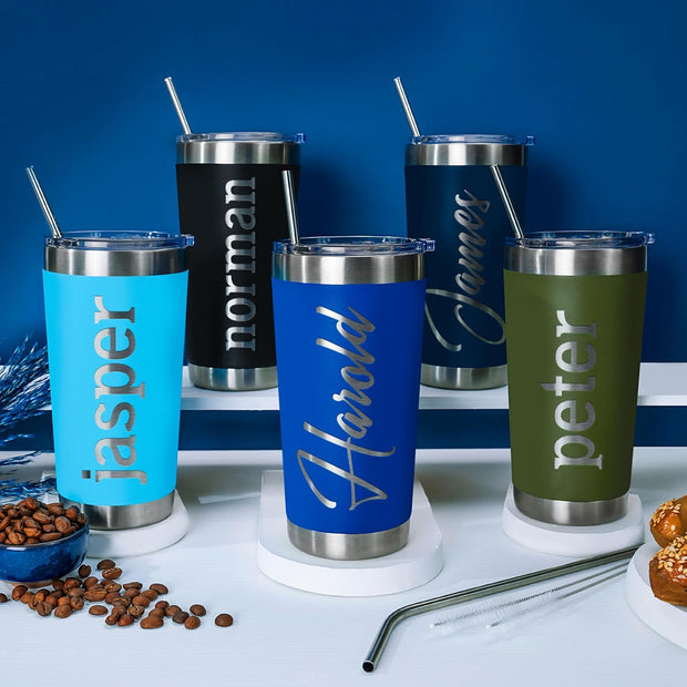 Personalized Tumblers, Stainless Steel 20 oz Tumbler w/Lid | 13 Designs | Personalized Cups Double Walled Insulated Coffee Cup for, Gym, Fitness | Hot and Cold Drink Use - Black