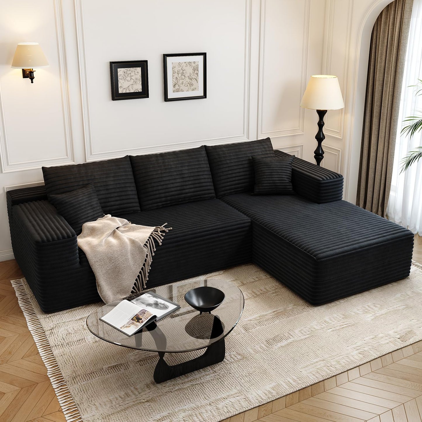 107.5" Cloud Modular Sectional Sofa with 1 Ottoman,Modern Minimalist Upholstered Couches, Comfort U Shaped Sofa for Living Room,Deep Seat Corner Couch，No Assembly Required (Black,Left Facing Chaise)