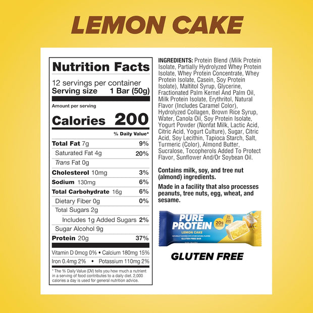 Pure Protein Bars, High Protein, Nutritious Snacks to Support Energy, Low Sugar, Lemon Cake, 1.76 oz, 12 Count (Pack of 1)(Packaging May Vary)