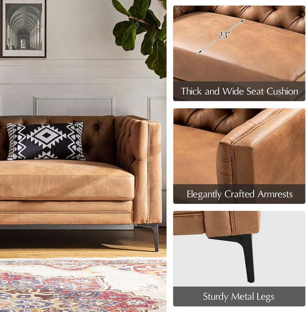 HULALA HOME 84" W Faux Leather Sofa Couch with Metal Legs, Button-Tufted 3-Seater Sofa, Mid Century Modern Upholstered Couch for Living Room, Entertainment Area, Apartment,Camel