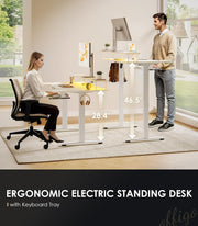 U Shaped Electric Standing Desk with Keyboard Tray, 55 Inch Height Adjustable Desk with Power Outlets & LED Lights, Sit Stand Table with Monitor Stand for Home, Office, White