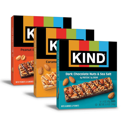KIND Nut Bars, Favorites Variety Pack, Dark Chocolate Nuts and Sea Salt, Peanut Butter Dark Chocolate, Caramel Almond and Sea Salt, Gluten Free, Up to 7g Protein, 18 Count