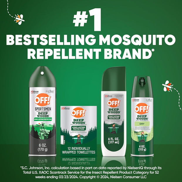 OFF! Deep Woods Mosquito and Insect Repellent Wipes, Long lasting, 12 Individually Wrapped Wipes