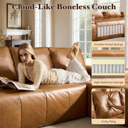 114" Boneless Couches for Living Room, Brown Faux Leather Cloud Sectional Couches with Chaise, Deep Seat L Shaped Modular Sofa, No Assembly Required Sofas in a Box (Right,Faux Leather,Brown)